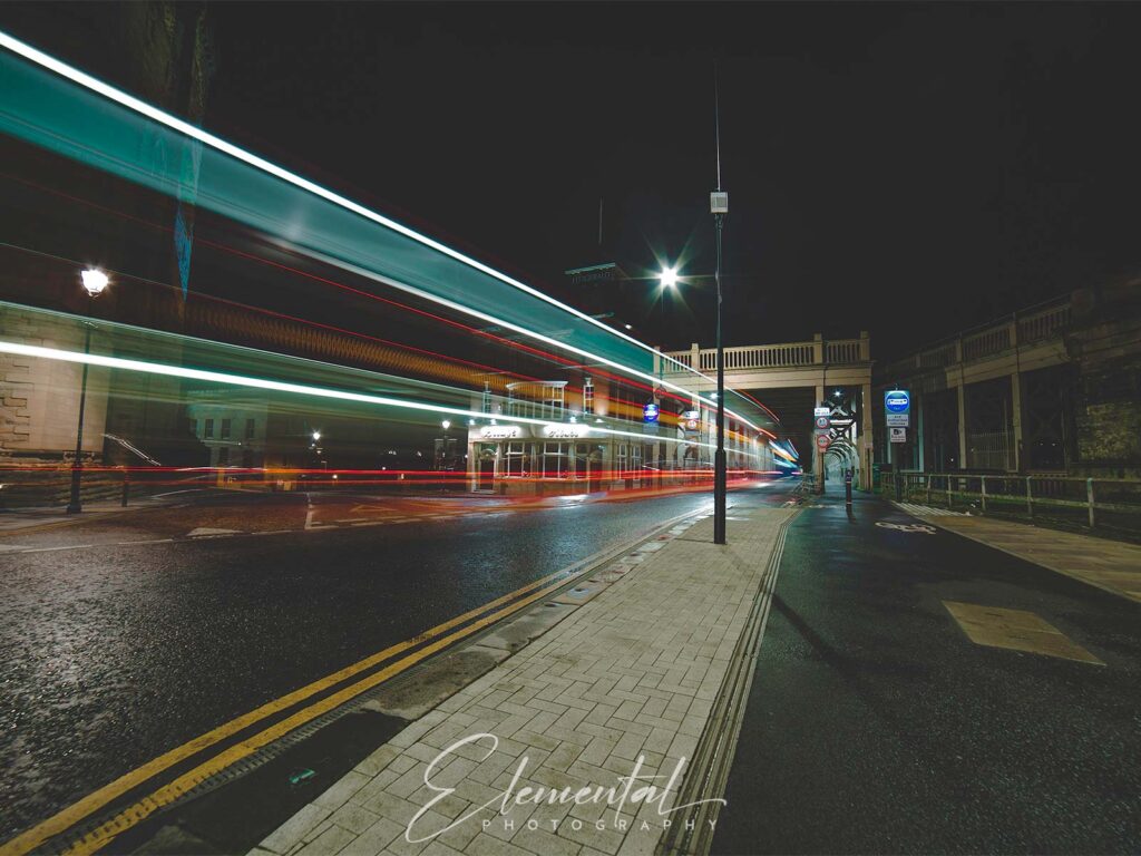 elemental photography Newcastle. Long exposure light trails through the city.